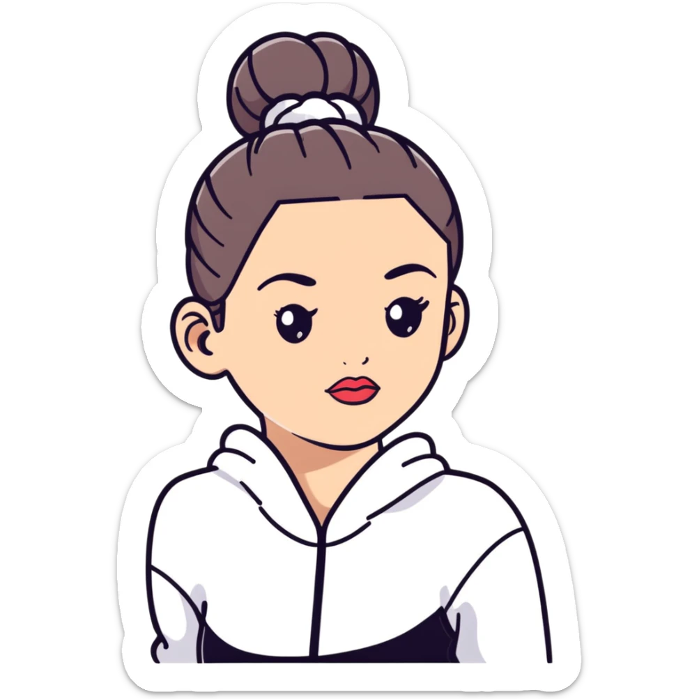 cartoon sticker of a clean girl with dewy skin, glossy lips, hair in a bun, wearing athleisure sticker