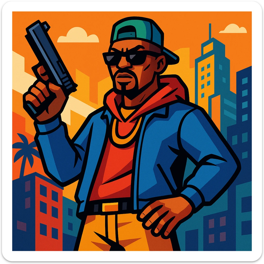 GTA character with a pistol, streetwear, confident pose, city vibe sticker
