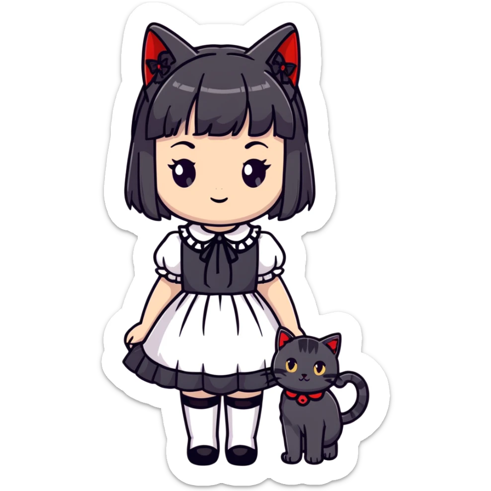 girl wearing black Lolita style dress, with medium-length black hair with red tips, and a black American Shorthair tabby cat sticker