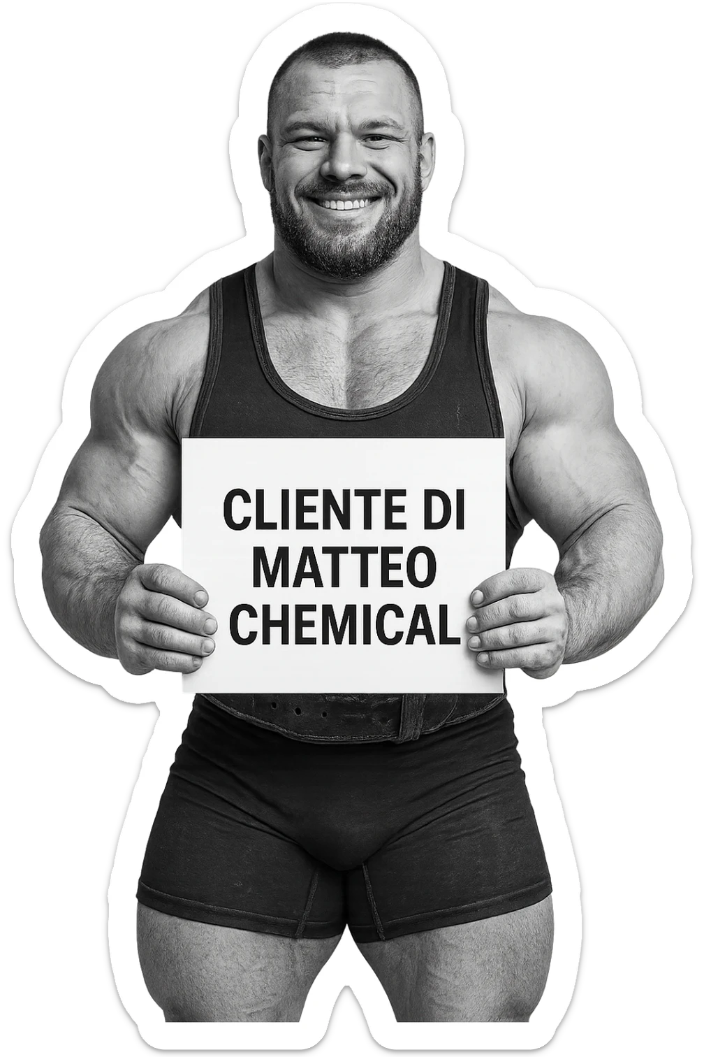 Powerlifter con in mano una targa o un foglio con scritto "Cliente di Matteo Chemical" sticker