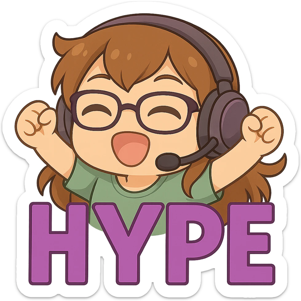 Make the headset purple and add glasses to the girl, keeping the HYPE purple letters, chibi style, and energetic expression. Transparent background. sticker
