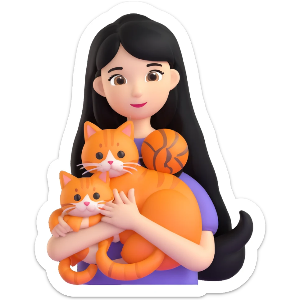 girl with long black hair holding an orange cat sticker