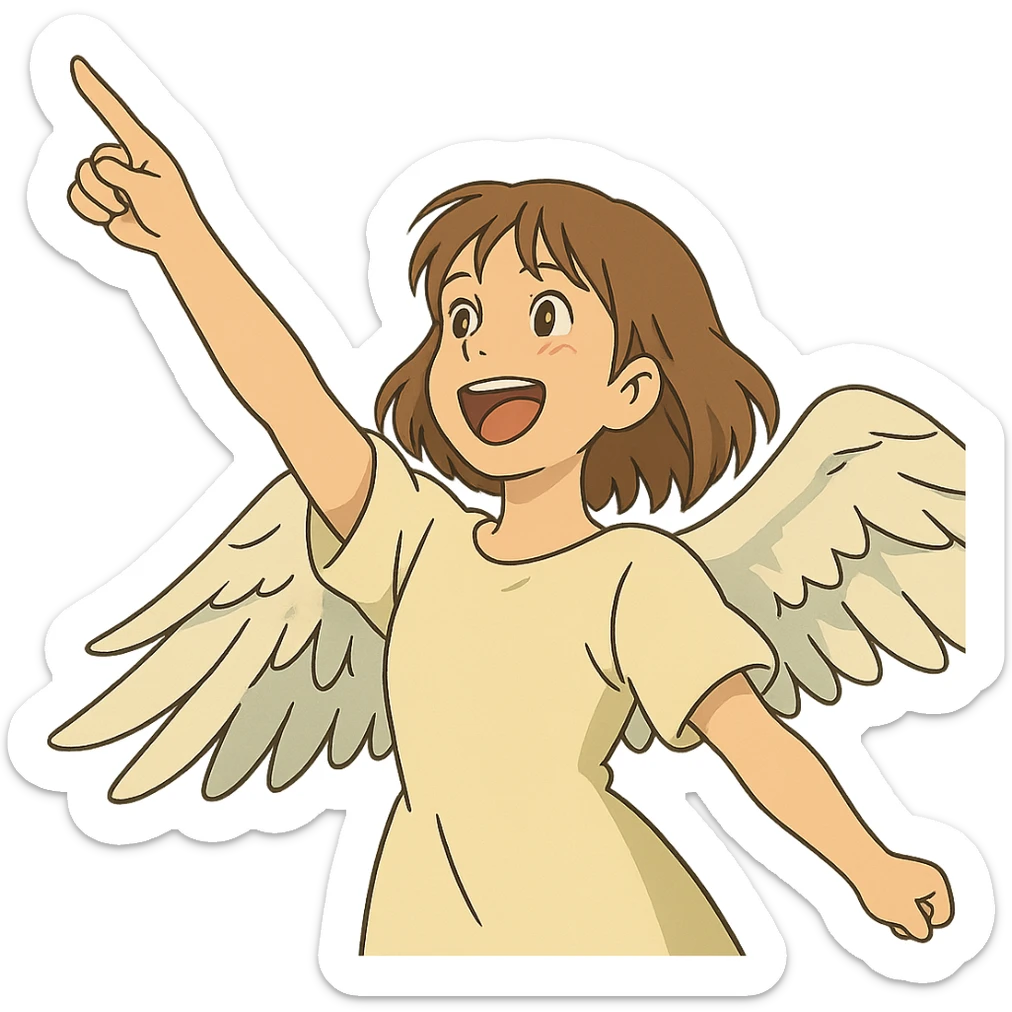 girl with light brown shoulder-length hair and white wings joyfully pointing to the sky sticker