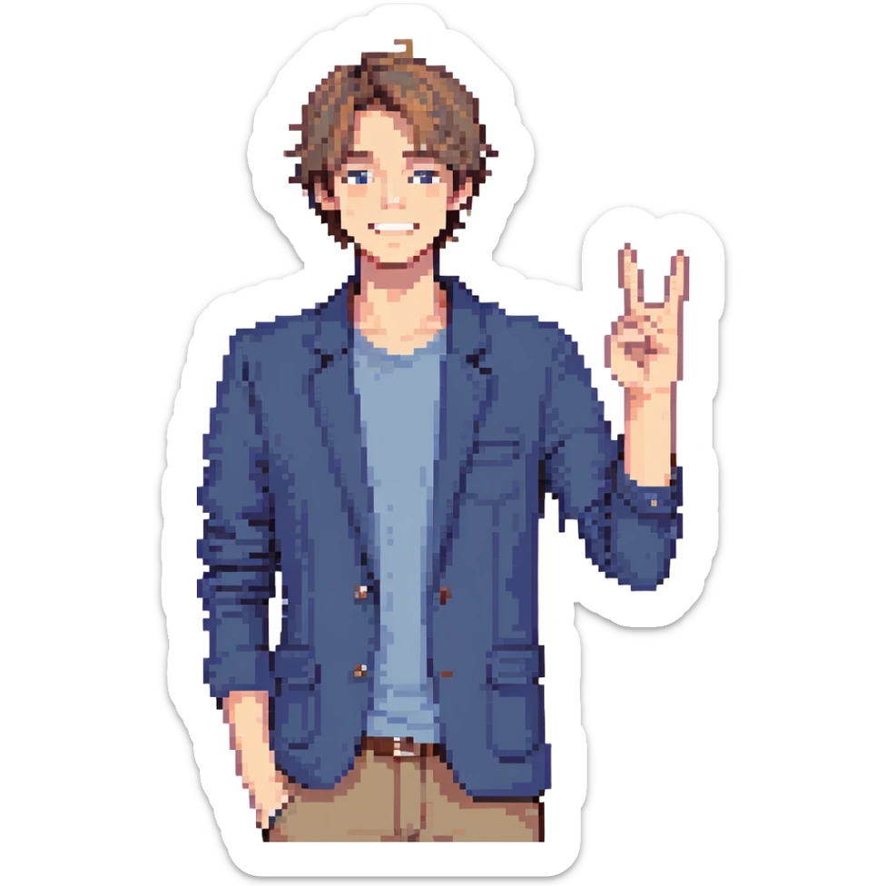 Flat pixel are, lively and clever male debater, fair skin, short messy light brown hair, sharp eyes with a mischievous smile, wearing indigo blazer over a casual t-shirt, one hand raised mid-gesture, waist-up, front-facing sticker