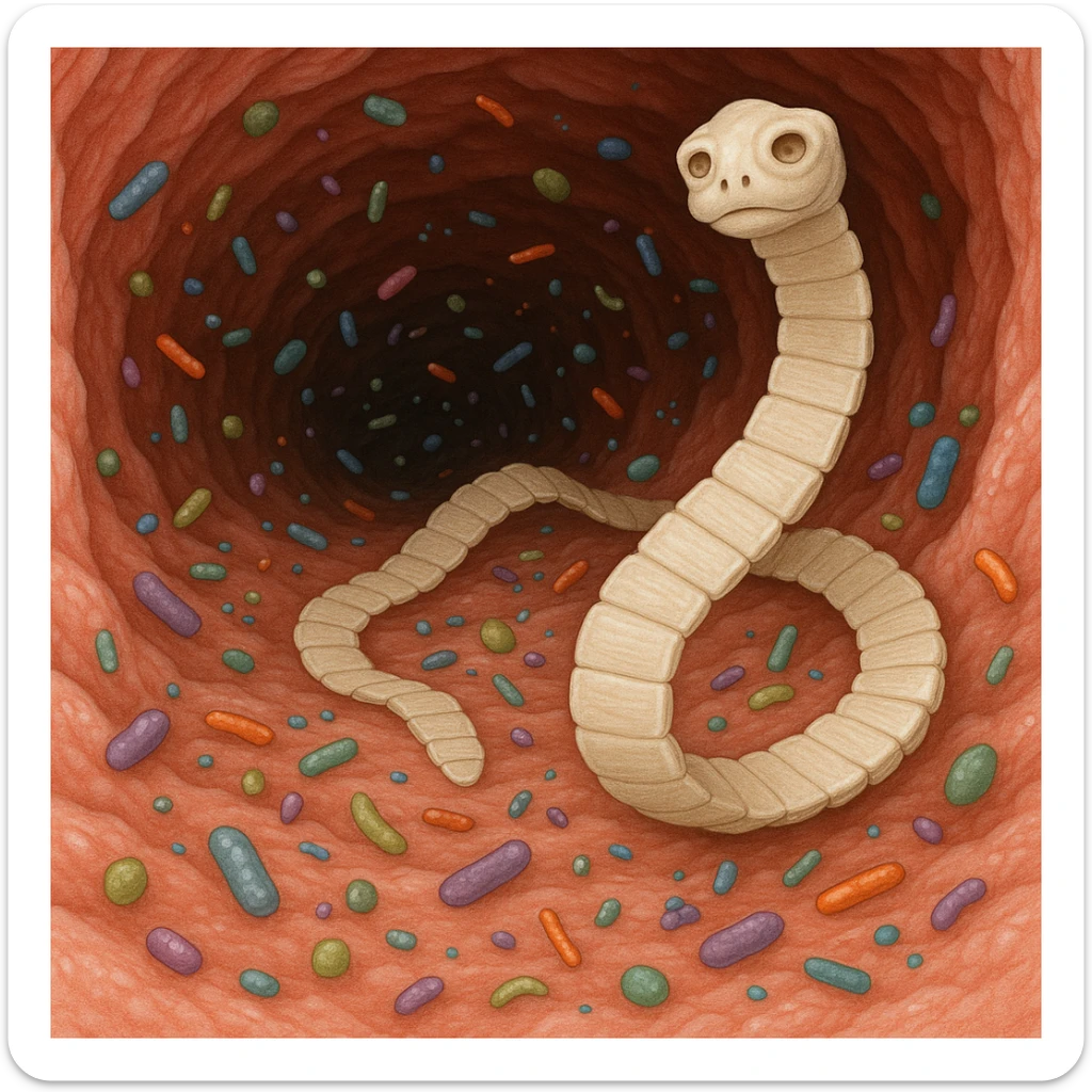 a medical illustration of a human realistic gut with bacteria and parasyte (tenia) sticker