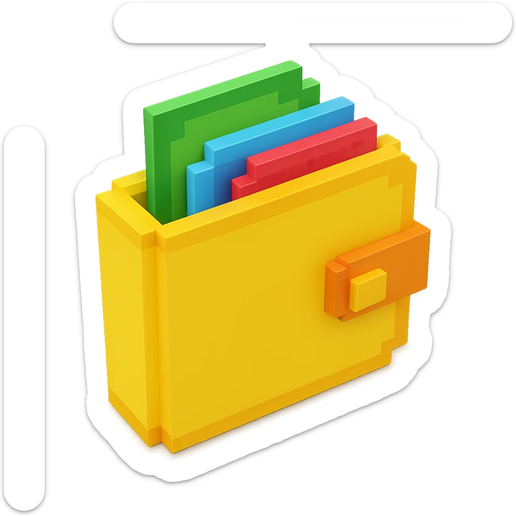 3D voxel style icon of a wallet, viewed from an angle, with a visible fold sticker