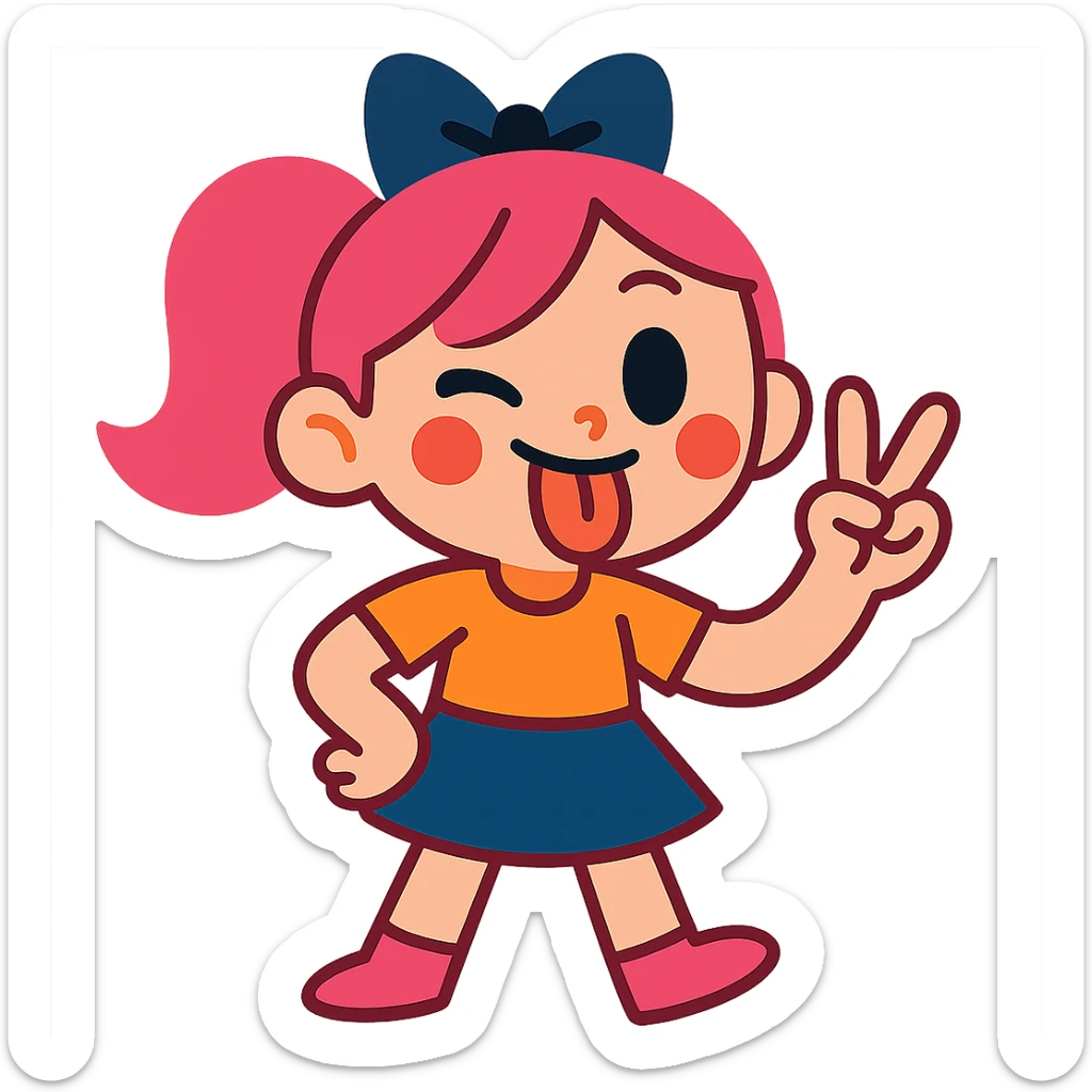 girly character sticking tongue out and showing peace hand sign, playful, cute, vibrant colors sticker