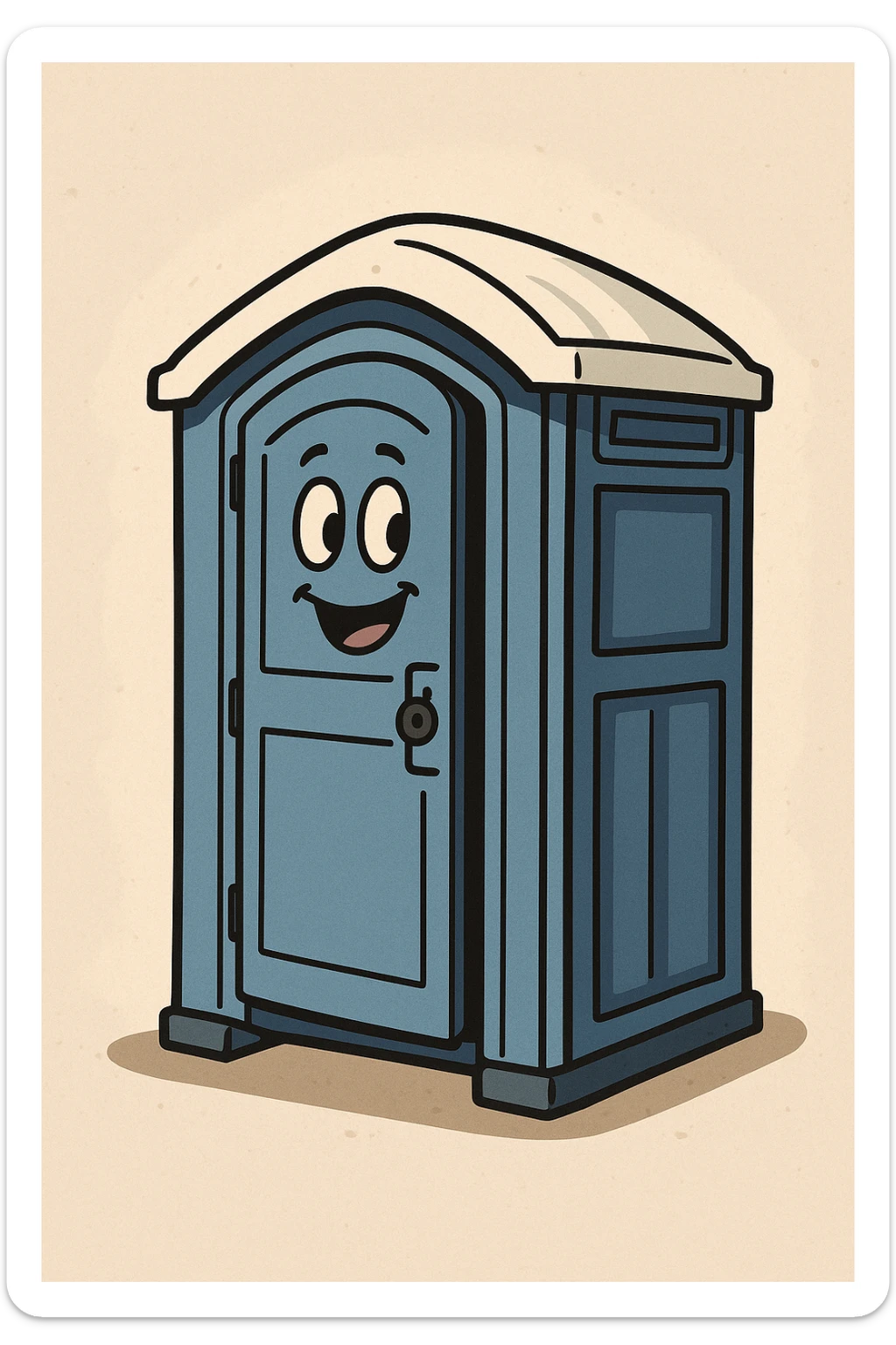 cartoon style portable toilet (portaloo), blue with white roof, door slightly open, fun and approachable sticker