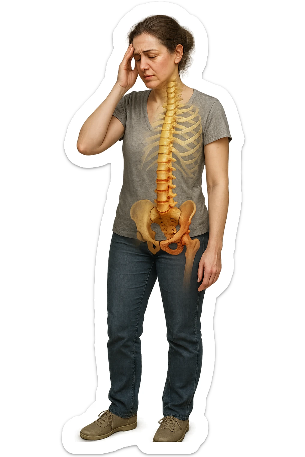 donna stanca a figura intera che si tiene una mano sulla tempia con spina dorsale anatomica visibile, iperrealistico 4k sticker