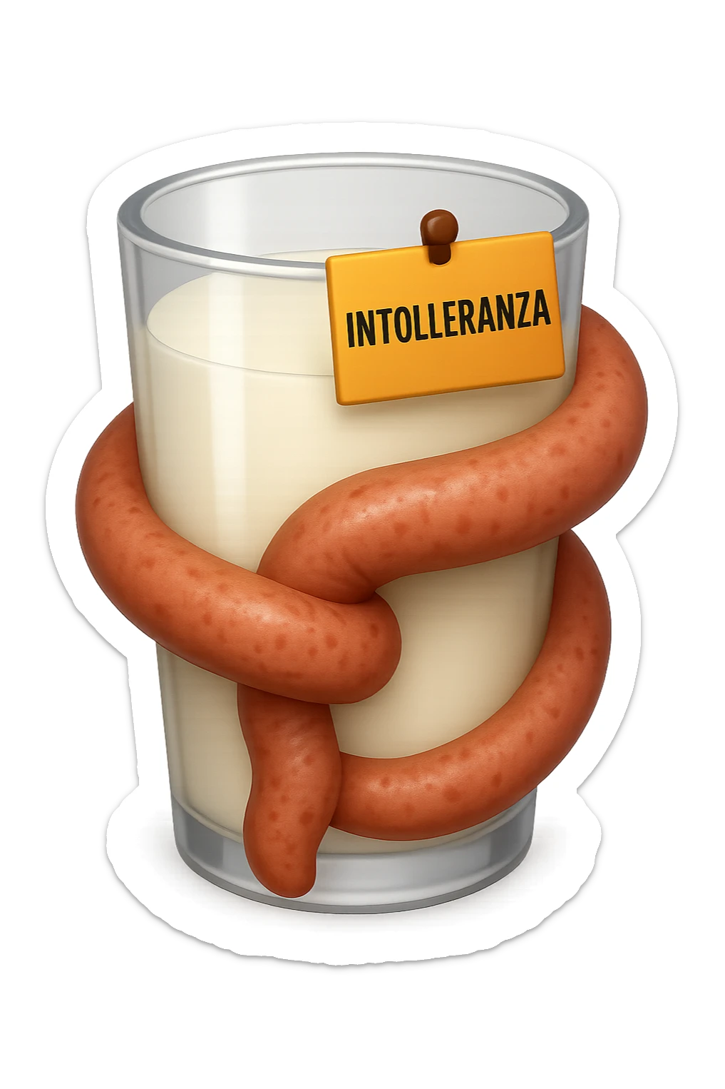 emoji stile iphone di un BICCHIERE DI LATTE CON COLON ATTORCIGLIATO INTORNO, HA UN CARTELLO CON LA SCRITTA "INTOLLERANZA" iperrealistico 4k, isolato su sfondo bianco sticker