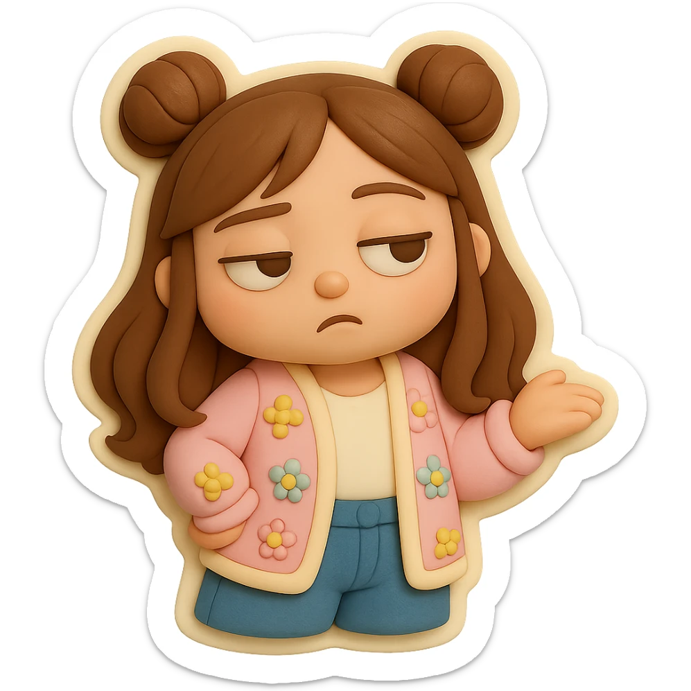 3D chibi fondant cake art style, high-quality rendering with smooth shadows and soft gradients. Girl based on reference image with preserved facial features and eye shape, long brown hair in two space buns, brown eyes, jeans, pastel floral cardigan, thick white outline like a sticker, transparent background. Rolling her eyes like 'oh please'. Ensure the face, hairstyle, and eye shape match the reference exactly. sticker