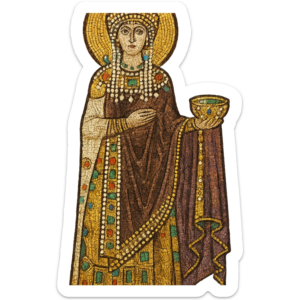 Empress Theodora in Byzantine regalia, mosaic art style, gold and jewel tones sticker
