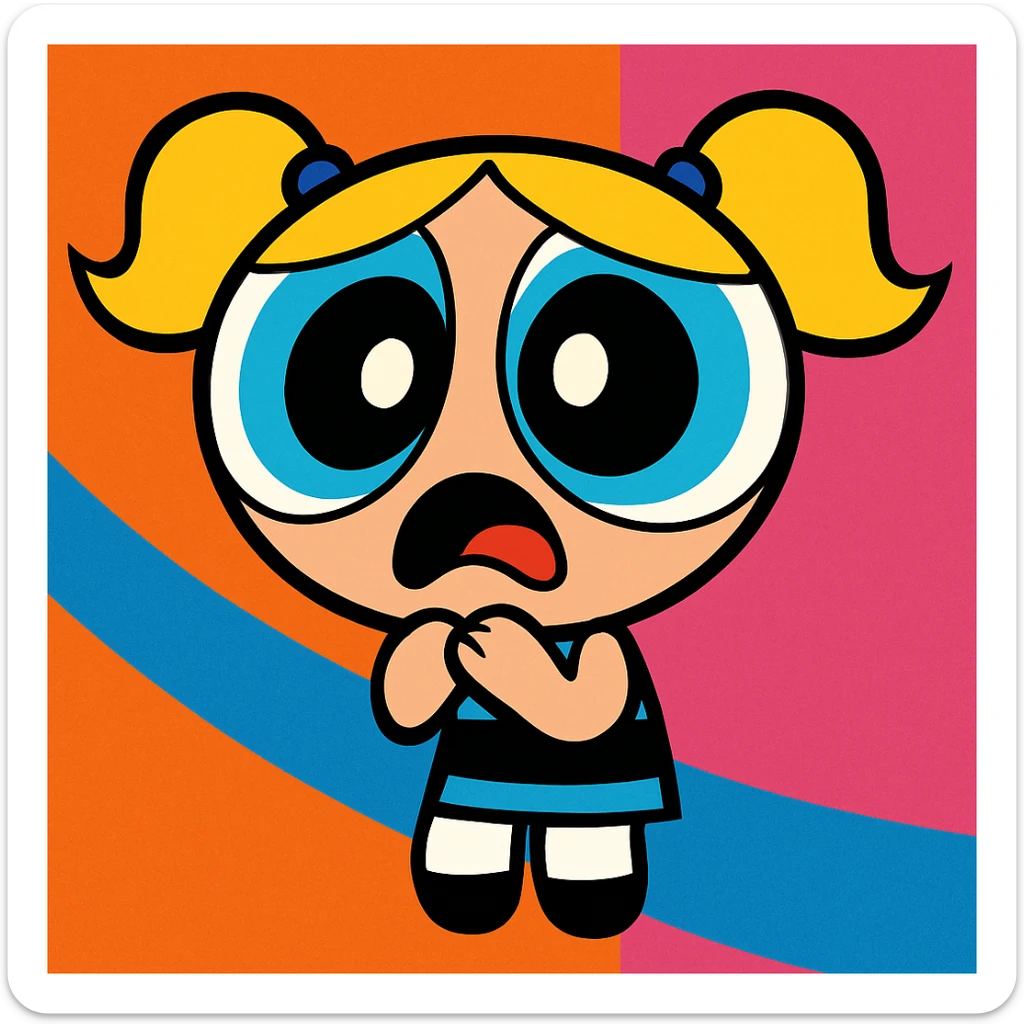 Powerpuff Girls character with a scared emotion, cartoon style, vibrant colors sticker