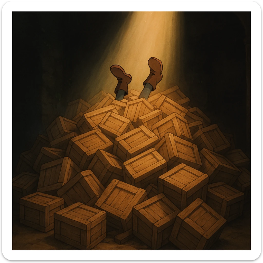 A pile of small oblong crates hidden in a dark area with a beam of light shining from above, with someone’s boots sticking out like they dove in sticker