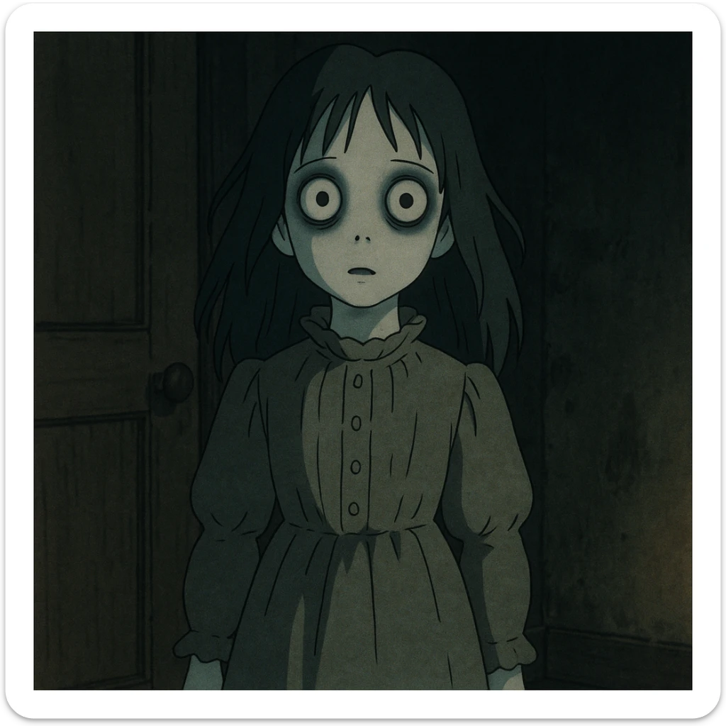 creepy girl, wide eyes, old-fashioned dress, ghostly appearance, dim lighting sticker