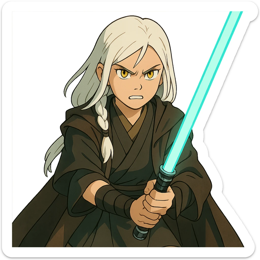 a closeup portrait of young woman with gold yellow eyes, white hair, long braid, black off-shoulder top, punk gothic style, futuristic cyberwave cyberpunk,  jedi attire and posture robes of a padawan, foreweilding a bright blue-green lightsaber, angry fierce face expression, power stance, 30-90 sticker