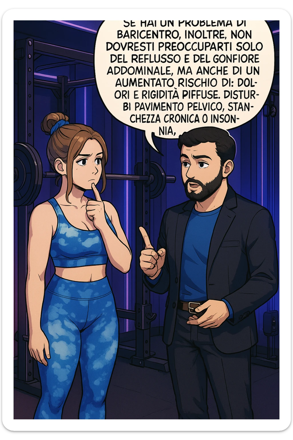 TRASFORMA QUESTO CAROSELLO IN UN FUMETTO STILE WEBTOON/MANGA A COLORI CON QUESTE DUE PERSONE IDENTICHE CHE INTERLOQUISCONO TRA LORO, L'uomo sta spiegando alla donna questo concetto MENTRE LA DONNA SI TIENE L'INDICE SUL MENTO ASCOLTANDOLO PENSIEROSA:

Se hai un problema di baricentro, inoltre, non dovresti preoccuparti solo del reflusso e del gonfiore addominale, ma anche di un aumentato rischio di:
    • dolori e rigidità diffuse
    • disturbi pavimento pelvico
    • stanchezza cronica o insonnia
    • inestetismi visibili, come celluluite
    • etc… sticker