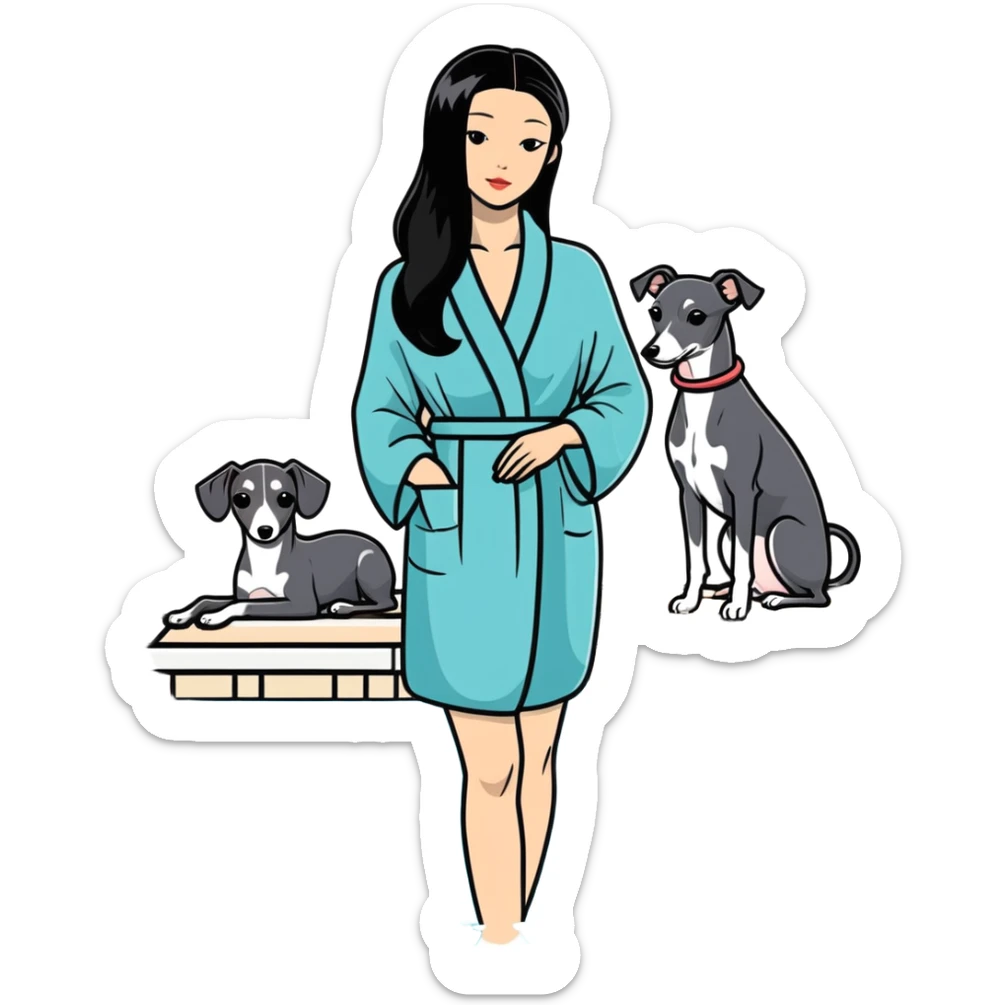 Very thin and slim Chinese woman with long black hair in elegant pool attire at a luxury spa pool with fancy amenities and her Italian greyhound that is COMPLETELY solid dark grey with ABSOLUTELY ZERO white markings anywhere - 100% uniform dark grey color only sticker