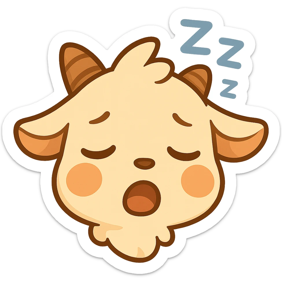 Add some little Z's above the chibi goat's head to show sleepiness, keep the simple clean chibi stickers style, white background, designed for a small emote. sticker