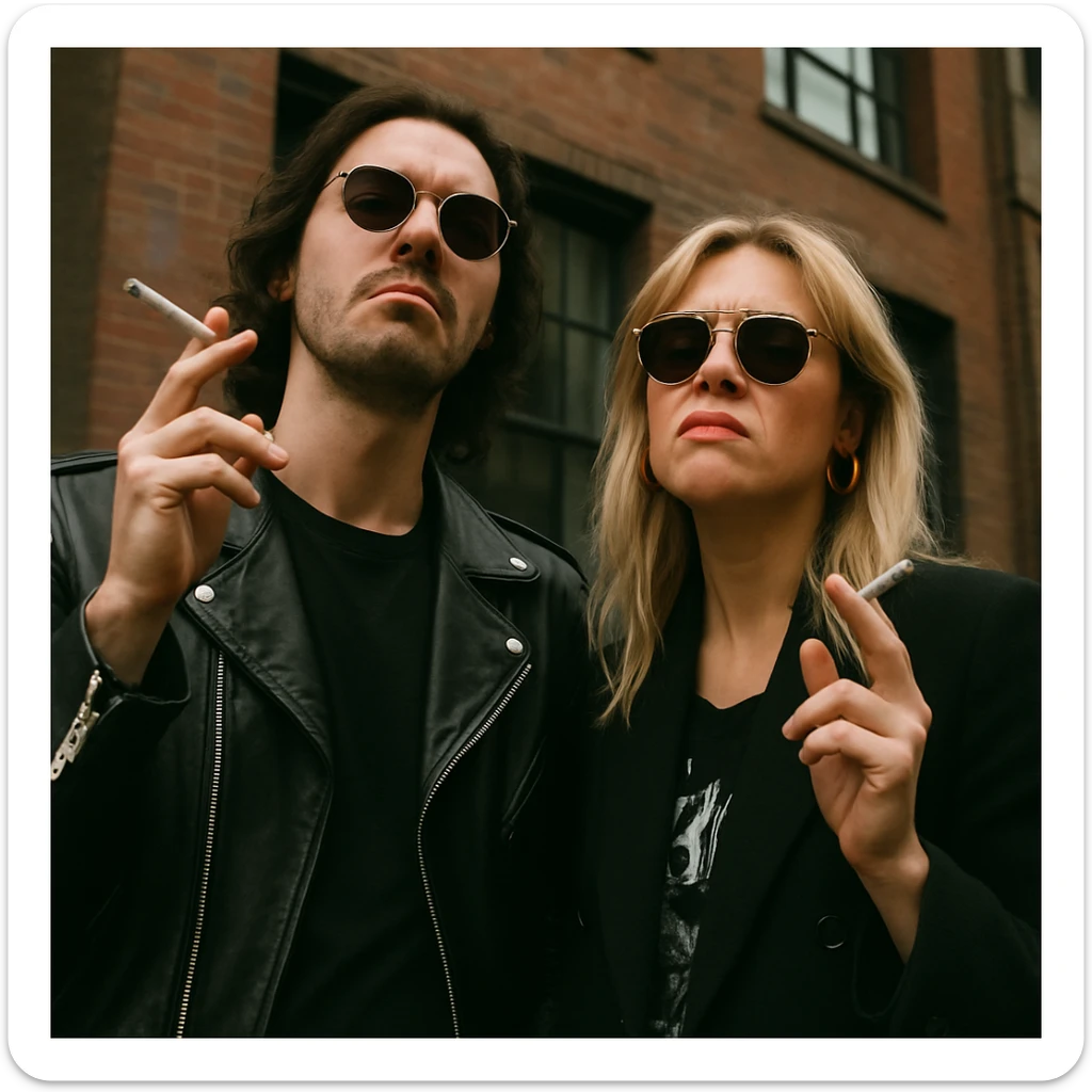 Par de personas que trabajan en la industria musical, parados conversando con aires de superioridad mientras se fuman un cigarro, mientras miran a la cámara (músico) de forma despectiva y burlona sticker