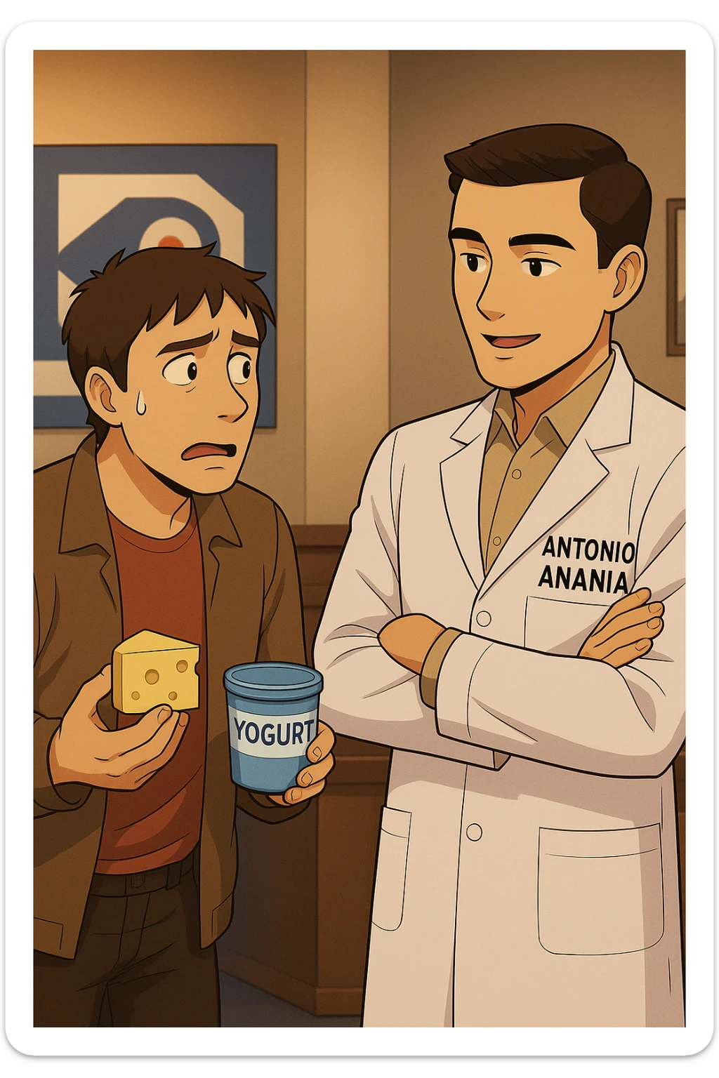 fai un webtoon manga a colori con questo stile, in cui un uomo fa una domanda al kinesiologo con il camice bianco (fagli anche la scritta "ANTONIO ANANIA" SUL CAMICE, l'uomo chiede una cosa mostrando un formaggio e uno yogurt al kinesiologo con il camice, IL KINESIOLOGO annuisce e SPIEGA ALL'UOMO UNA cos. L'UOMO ha un ESPRESSIONE CONFUSA IN VOLTO. non fare i fumetti però, fai solo in modo che sembri stiano parlando sticker