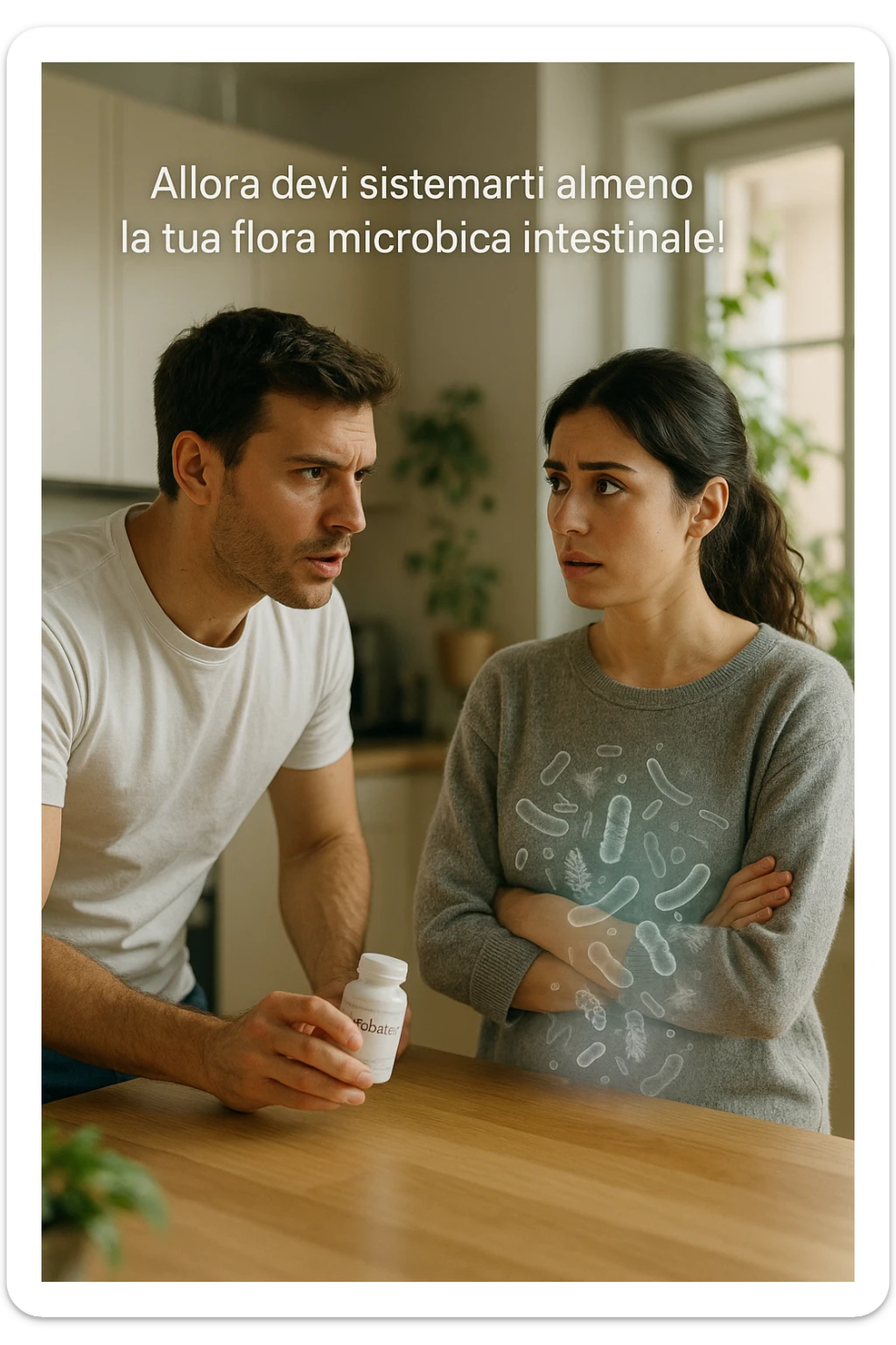 A hyper-realistic, cinematic photo of a young couple in their early 30s having a tense but calmer discussion in a bright modern kitchen. The man, fit, wearing a plain white T-shirt, holds a small probiotic supplement bottle in one hand, leaning slightly forward with a concerned yet firm expression, saying: 'Allora devi sistemarti almeno la tua flora microbica intestinale!' The woman, with dark hair in a loose ponytail, wearing a comfortable home sweater, stands with arms partially crossed, looking at him with a doubtful and confused expression, eyebrows slightly raised, lips parted as if about to respond but uncertain. Around them, faint translucent overlays of microscopic gut flora and bacteria symbols swirl softly near the woman’s abdomen, symbolizing the issue of her imbalanced gut microbiome. The kitchen is bathed in warm natural light, with green plants adding a sense of health and life, while the couple remains in sharp focus. The color palette is warm, with soft shadows and shallow depth of field highlighting the emotional tension yet care in the conversation, visually representing the discussion about gut health within the relationship sticker