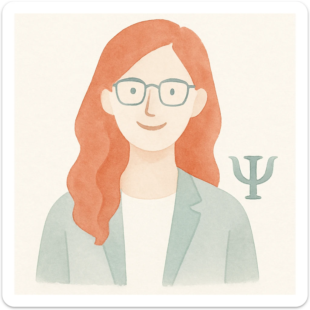 woman psychologist with red hair, smiling, soft watercolor style sticker