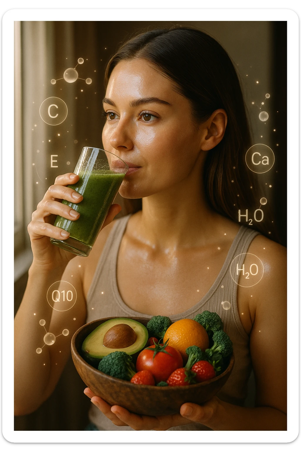 A highly realistic, cinematic portrait of a young woman in her late 20s with glowing, clear, healthy skin and a vibrant scalp with strong, shiny hair, symbolizing internal health reflecting outward. She has a calm, confident expression while sitting by a window with warm daylight softly illuminating her face, highlighting smooth, hydrated skin with a natural glow. Her hair appears clean, full, and strong, indicating a healthy scalp and balanced sebum production. She is drinking a glass of green smoothie rich in antioxidants and holding a bowl of colorful fruits and vegetables, symbolizing how internal nutrition supports skin and scalp health. Subtle, softly glowing overlays of molecular symbols for vitamins, minerals, and hydration molecules gently swirl around her, visually representing the concept of beauty and skin health from the inside out. Style: 35mm hyperrealistic film look, warm tones, soft depth of field, focusing on clear skin texture, healthy scalp, and vibrant hair to inspire holistic wellness sticker