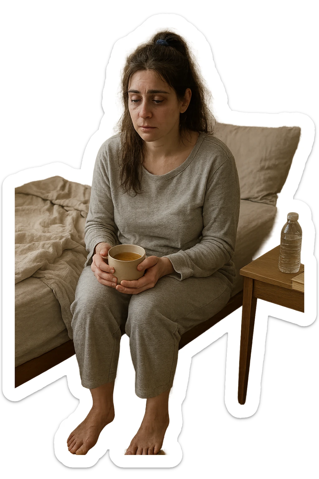 A realistic, cinematic illustration of a woman in her early 30s with a tired, pale appearance, sitting on the edge of her bed in a softly lit bedroom during the morning, looking exhausted and drained. Her posture is slightly slouched, and dark circles are visible under her eyes. She wears comfortable loungewear, holding a warm cup of herbal tea in her hands, seeking comfort. The scene includes a cozy yet slightly messy room with a blanket, a water bottle, and a book on the nightstand, emphasizing chronic fatigue. Soft natural light comes through the window, highlighting her expression of persistent tiredness despite rest, capturing the invisible struggle of chronic fatigue syndrome while maintaining dignity and a gentle aesthetic. sticker