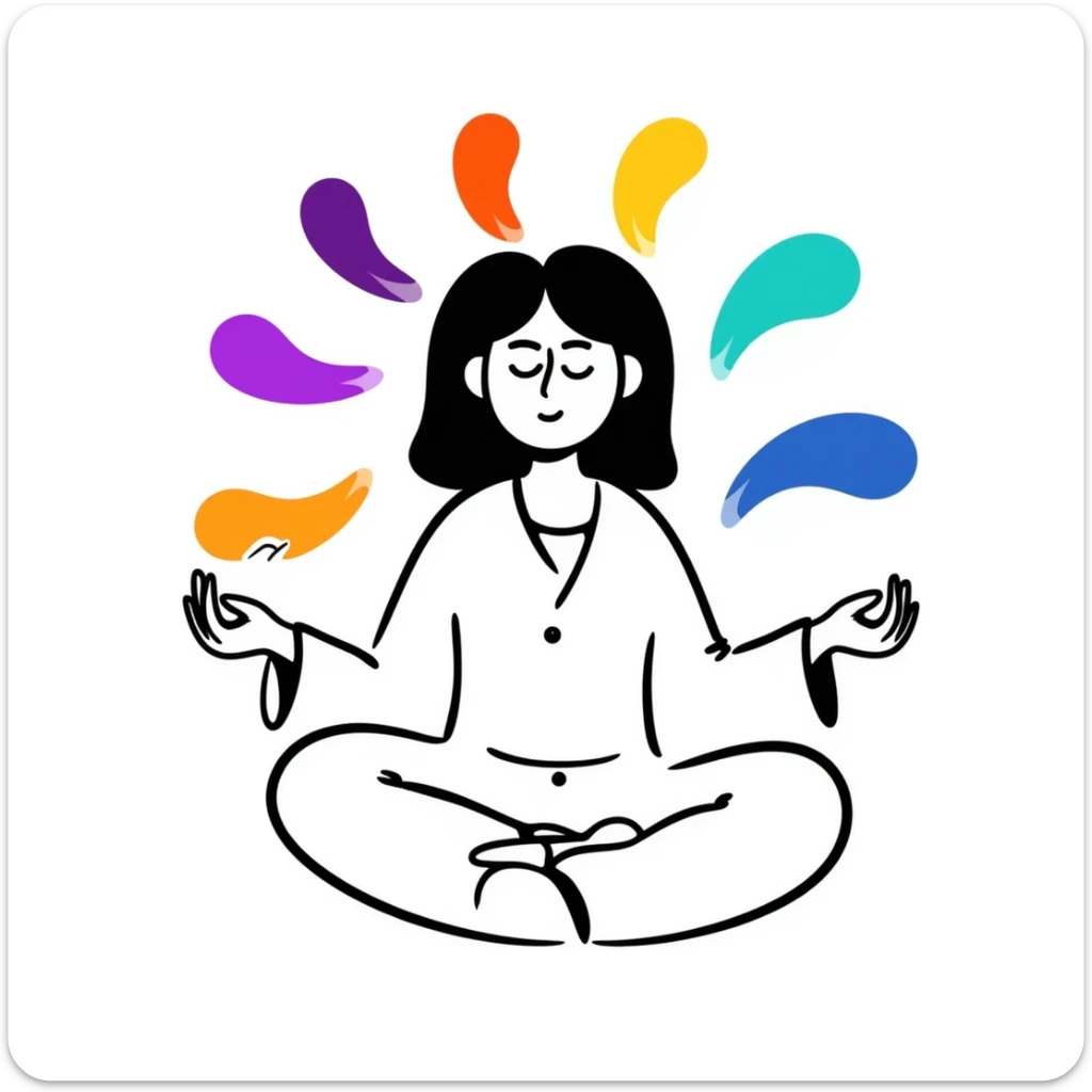 A person in a peaceful meditation pose with colorful rainbow waves of calmness radiating outward, representing mindfulness and stress relief. Vibrant hand-drawn doodle style with purples, blues, and warm tones. sticker