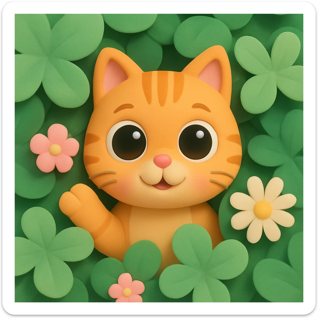 3D iOS style emoji of a cat surrounded by green clover leaves and flowers, similar to the reference image but in a 3D iOS style and in my style sticker