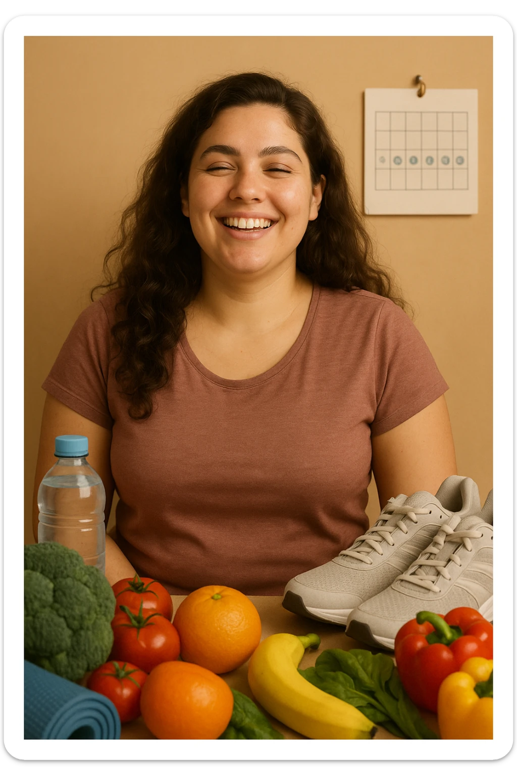 Realistic portrait of a healthy woman with PCOS, happy and relaxed appearance, well-cared skin, thick hair, energetic posture. Nearby, elements evoking a healthy lifestyle: balanced diet, physical activity, hydration, and calendar with serene days. Reduction of premenstrual symptoms. Warm lighting, vertical 2:3, no text. sticker
