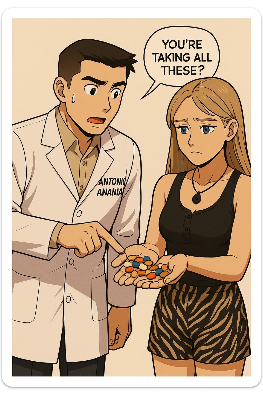 fai un webtoon/manga a colori con questo kinesiologo in camice bianco (fagli la scritta "ANTONIO ANANIA" SUL CAMICE) CHE PARLA CON QUESTA RAGAZZA CON GLI OCCHI AZZURRI. LA RAGAZZA HA UN PUGNO DI INTEGRATORI IN MANO (TANTE PILLOLE DIVERSE) E LE GUARDA DUBBIOSA. IL KINESIOLOGO CON IL CAMICE BIANCO LE TOCCA LA PANCIA CON UN DITO. NON FARE I FUMETTI, FAI SOLO LORO COME SE DIALOGASSERO sticker