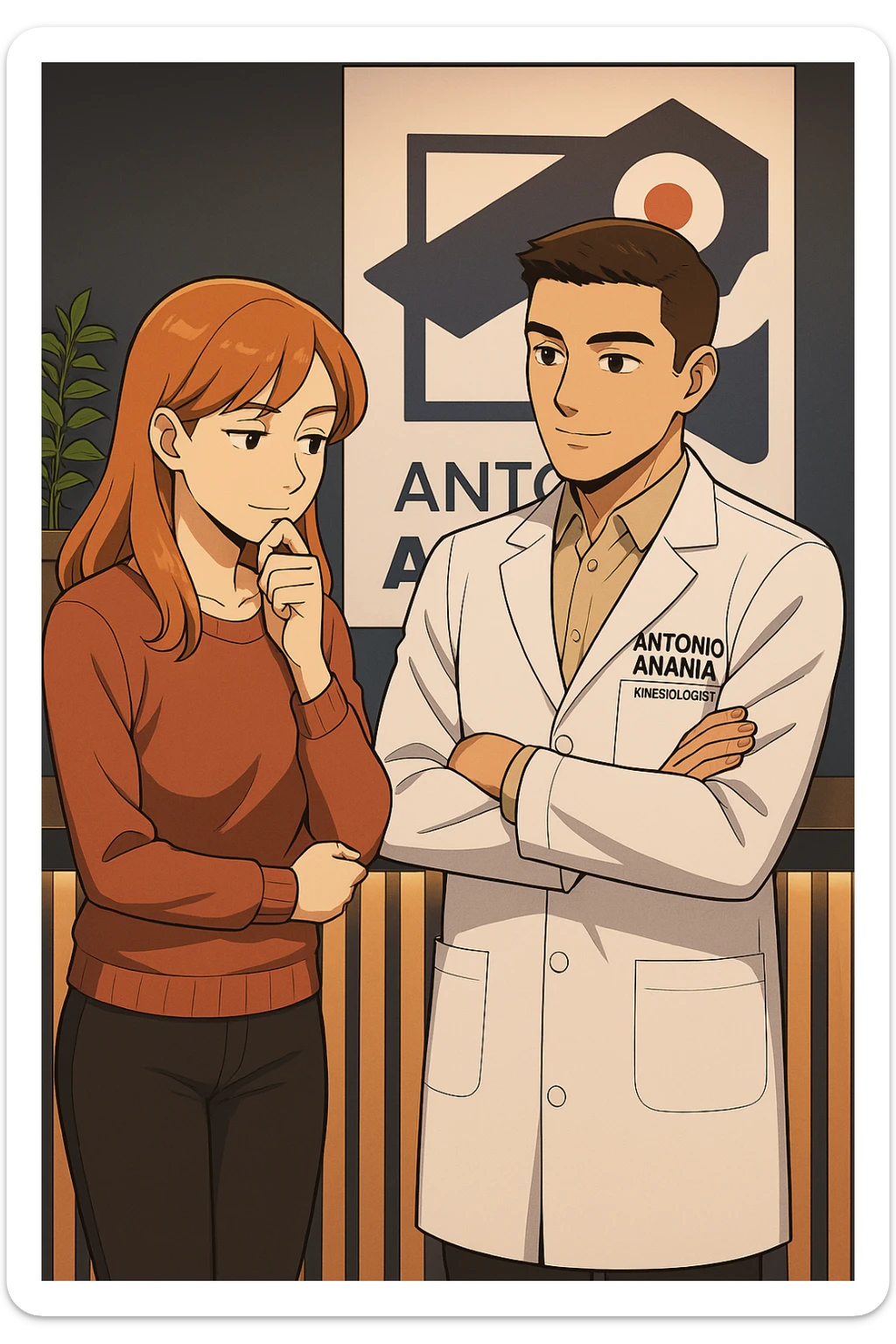 su questo stile fai un manga/webtoon a colori in cui una donna SI TOCCA IL MENTO CON L'INDICE MENTRE ASCOLTA PENSIEROSA L'UOMO, l'uomo della foto in stile manga LE SPIEGA CHE DEVE PROVARE LA SUA VALUTAZIONE MEDICA, mantieni un ambiente simile alla foto che ho allegato con il suo logo (sarebbe il suo studio, lui è un kinesiologo), scrivigli "ANTONIO ANANIA" sul camice bianco, non mettere fumetti, ma fai in modo che sembri che la donna ASCOLTI l'uomo sticker