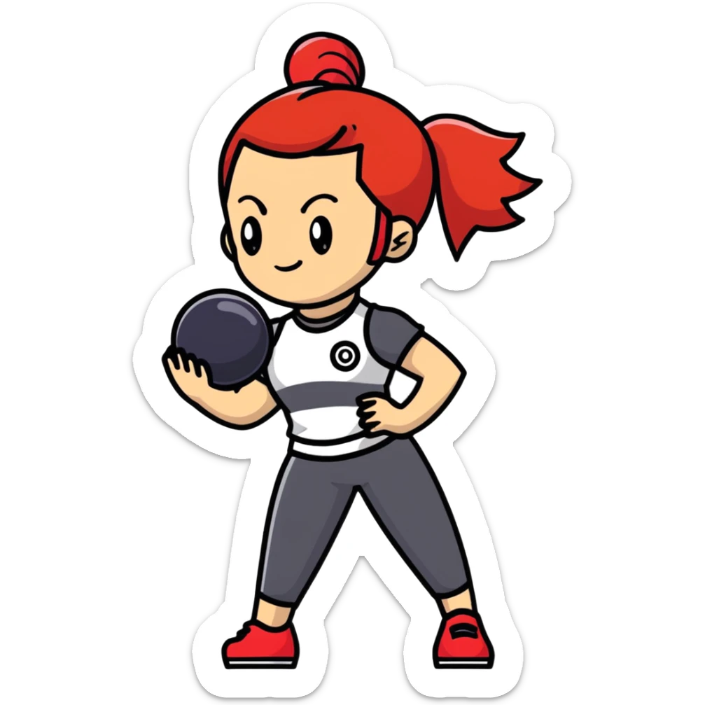 female pokemon trainer with red hair in a ponytail, holding a pokeball, confident pose sticker