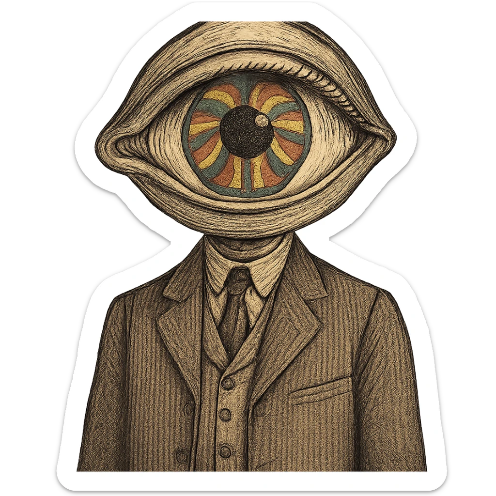 a person in vintage style with a psychedelic eye on the head, no face, only the eye, retro clothing, muted colors sticker