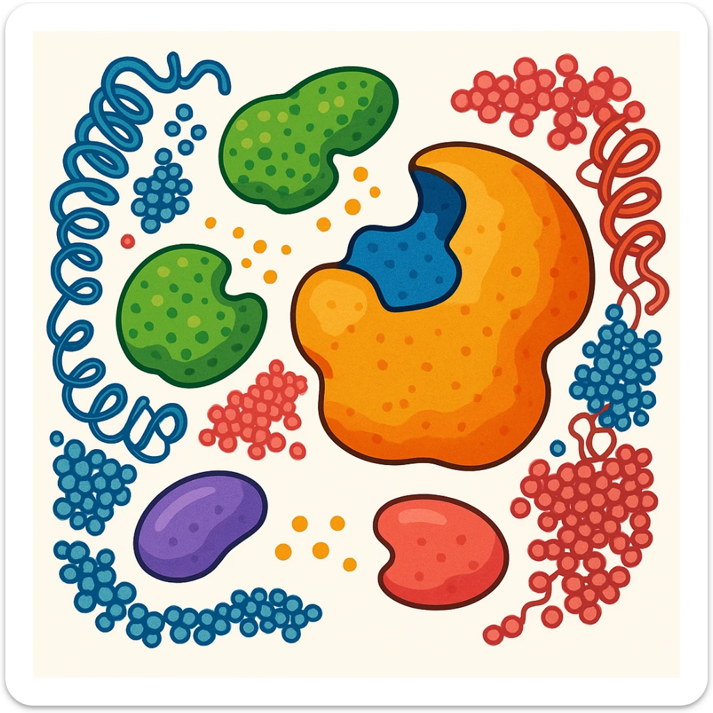 Ultra-detailed scientific illustration  (like in a school book) of enzyme digestion. Macro molecular view, clean white background, no text, no human figures or cartoon characters. Purely biological focus and really detailed and surrounding sticker