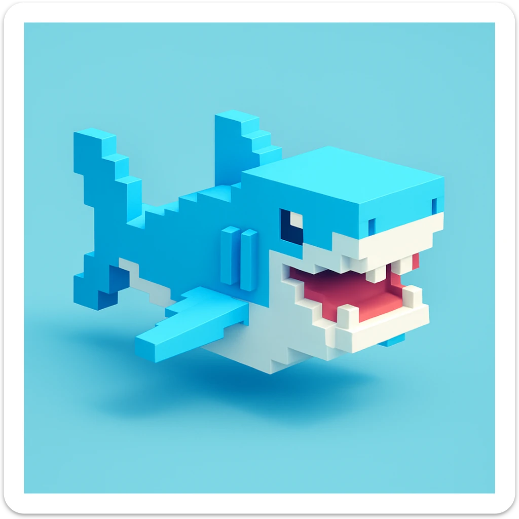 voxel style shark, swimming, blocky, light blue and white, simple background sticker