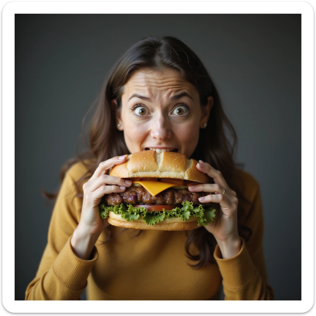 hyperrealistic image of a woman with wide eyes and an impatient gesture trying to eat a giant sandwich, uncontrollable hunger, white background, variation 6 sticker