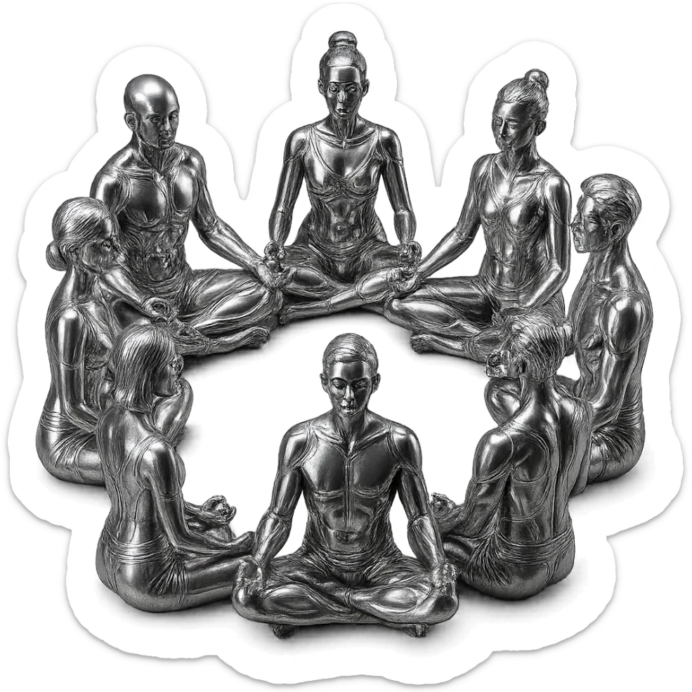 a circle of stylized chrome statues, mixed genders, meditating in the lotus position, futuristic and polished, no background sticker