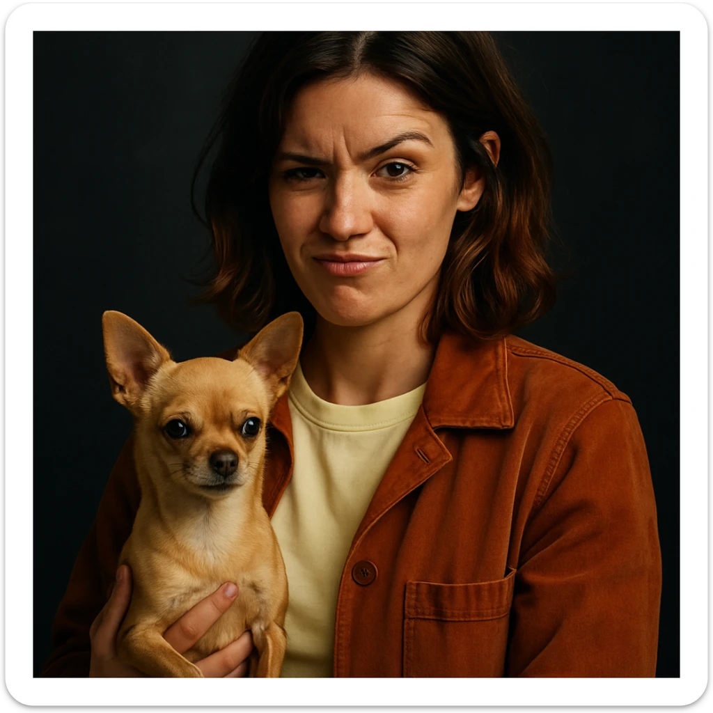 portrait style Netflix series, woman with tanned skin, subtle freckles, pale yellow shirt color #FFF8CA, rust-colored jacket, medium-length brown hair with auburn highlights, rebellious and playful expression, holding a beige-brown chihuahua, dark background sticker