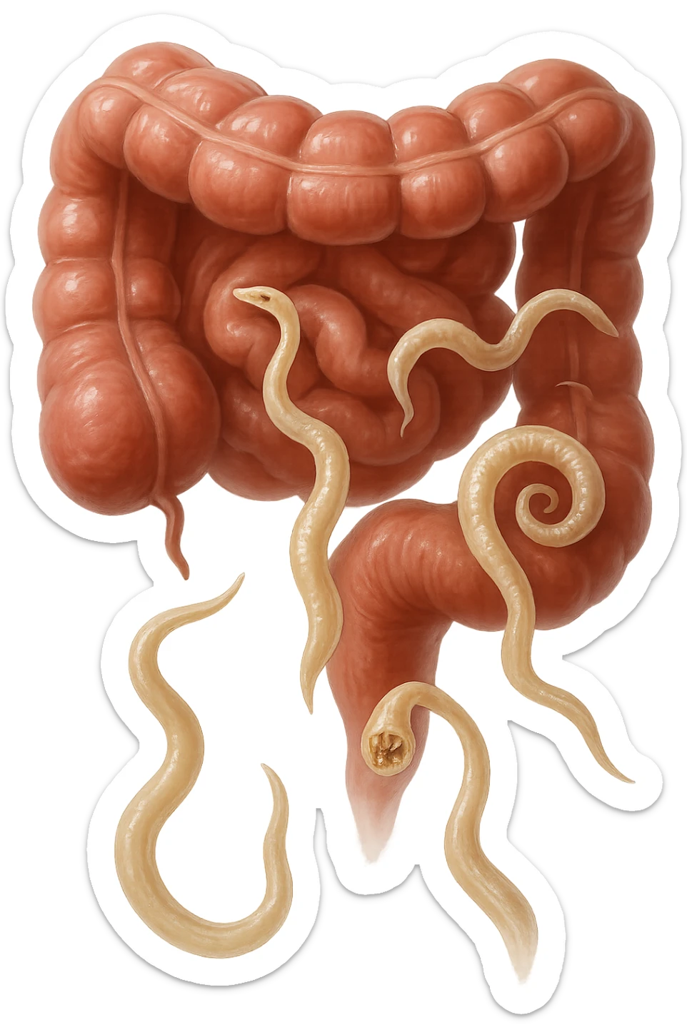 Realistic medical image of microscopic parasites leaving the intestines after taking natural kinesiological drops, symbolizing detox and cleansing. sticker