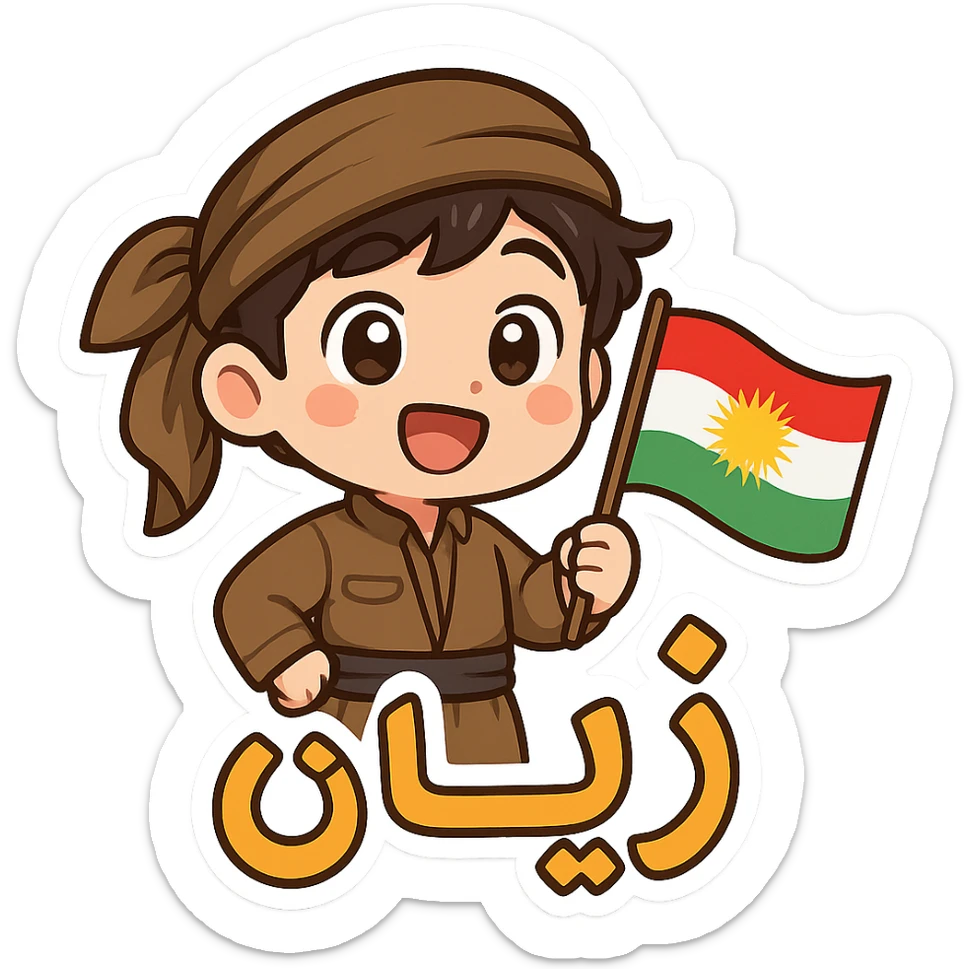 cartoon Kurdish sticker with Kurdistan flag, colorful and cheerful, with Kurdish text 'ژیان', suitable for WhatsApp and Instagram, transparent background sticker