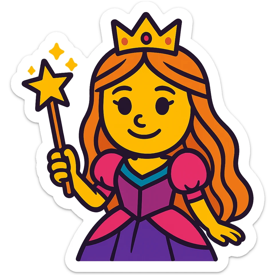 cartoon-style princess emoji with long hair, wearing a golden crown, smiling softly, dressed in a royal gown, holding a magic wand, vibrant toon style sticker