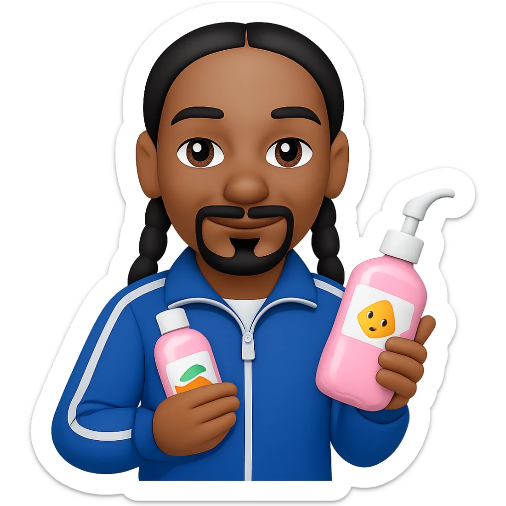 Change the baby oil bottle to pink, Snoop Dogg in a tracksuit holding it, in emoji style with no background. sticker