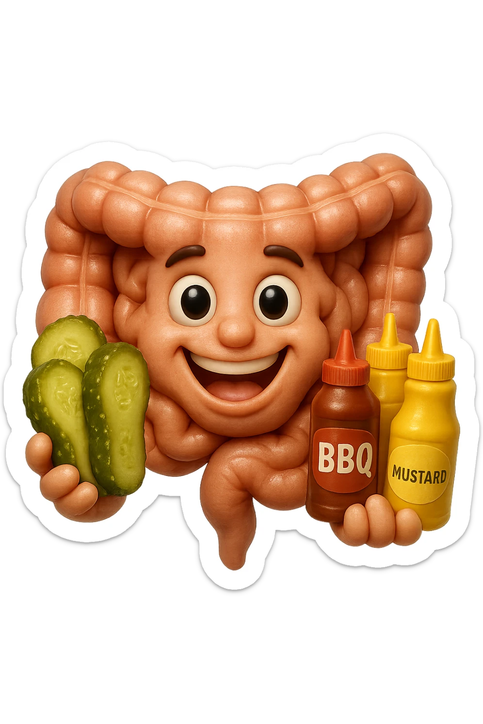 emoji stile iphone di intestino umano con espressione felice mentre tiene in mano cetriolini sottaceto, maionese, salsa barbecue, salsa, senape realistica
IPERREALISTICO 4K sticker