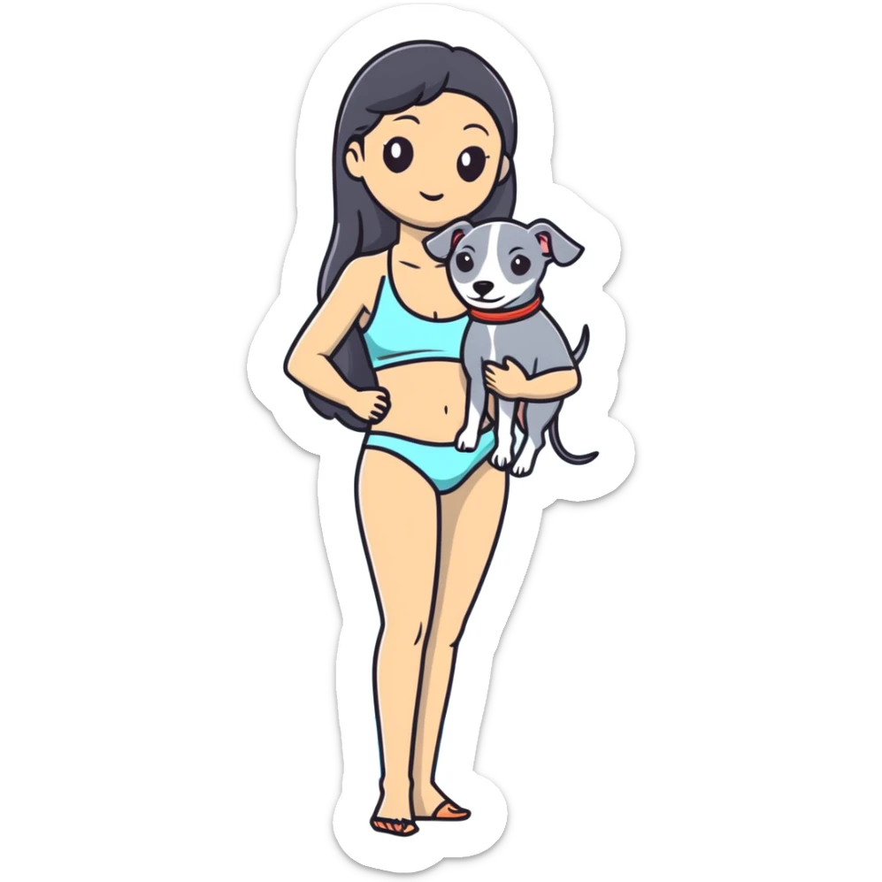 Slim Chinese woman with long black hair in appropriate pool attire at an indoor swimming pool with her Italian greyhound that is COMPLETELY solid grey, with absolutely NO white markings anywhere, single uniform grey color throughout entire dog body sticker