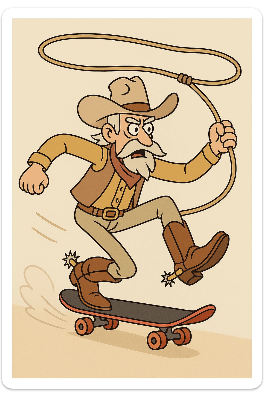 grizzled old cowboy on skateboard, lasso in hand, boots and spurs, energetic action sticker