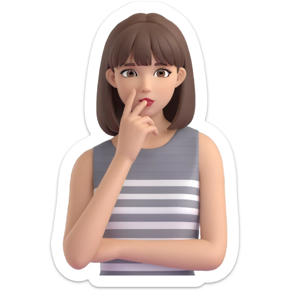 cute emoji-style cartoon of a fashionable woman in a sleeveless grey-and-white striped dress, straight medium brown hair with bangs, touching her face with one hand, confident neutral expression, minimal white or transparent background, compact and simplified sticker