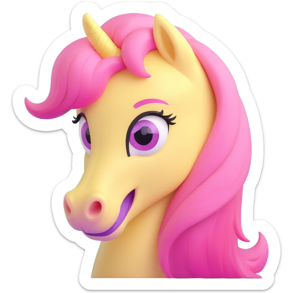 close-up face of pastel yellow pony with pink mane, big teal eyes, shy smile sticker
